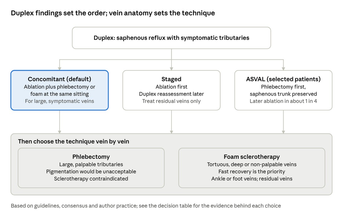Decision pathway for varicose tributaries: duplex-confirmed saphenous reflux with symptomatic tributaries leads to concomitant, staged or ASVAL treatment, then a vein-by-vein choice between phlebectomy and foam sclerotherapy.