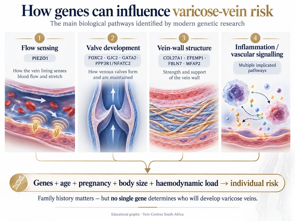 Infographic of four biological pathways through which genes influence varicose-vein risk: flow sensing (PIEZO1), valve development (FOXC2, GJC2, GATA2, PPP3R1 and NFATC2), vein-wall structure (COL27A1, EFEMP1, FBLN7 and MFAP2), and inflammation and vascular signalling, combining with age, pregnancy, body size and haemodynamic load to determine individual risk.