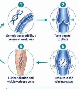 Diagram showing genetic susceptibility, vein dilation, valve failure, reflux and increased venous pressure leading to varicose veins.